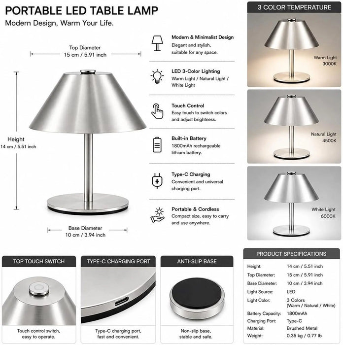 Portable LED Table Lamp,Touch Control, Rechargeable, 14 cm For Home Office Resturant Decor