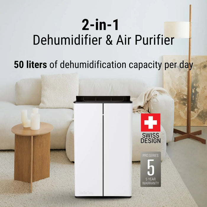 Stadler Form 50L Lukas Pro Dehumidifier and Air Purifier, 24 Hours Dehumidification, for Large Rooms up to 175 m², Auto Mode, Air Purification Mode, HEPA Filter, WiFi, Quiet, 5 Years Warranty