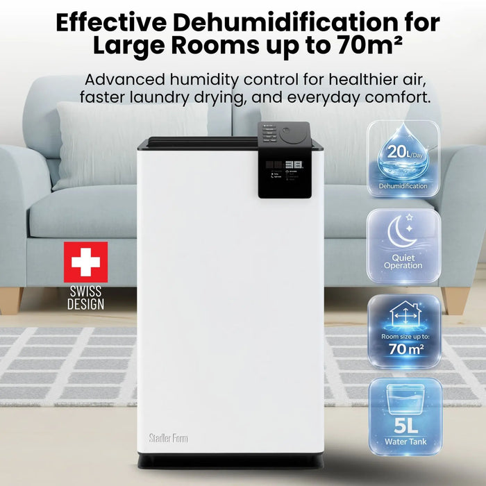 Stadler Form Albert Dehumidifier 20L, Smart Humidity Sensor, 24 Hours Dehumidification for Large Rooms up to 70m², Mold Prevention, Effective Air Distribution, Auto Mode, Very Quiet, 2 Years Warranty