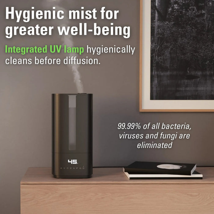 Stadler Form Humidifier Oliver, Large Rooms up to 60 m² Quiet, Small, Powerful, Room Humidifier, 6 Levels, Auto Mode LEDs Switchable Integrated UV lamp, Germ-free Mist, Black