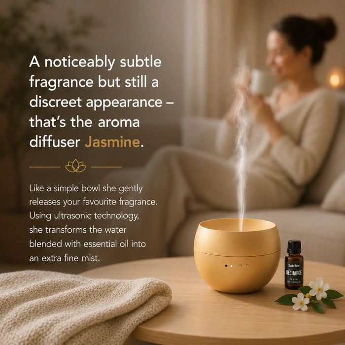 Stadler Form Jasmine Swiss Design Aroma Diffuser Gold Finish – Ultrasonic Mist, Limited Edition, Interval Mode, Up to 24H Runtime, Auto Shut-Off, 2-Year Warranty + Local Support