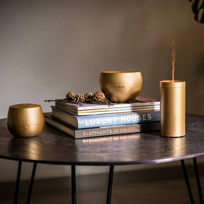 Stadler Form Jasmine Swiss Design Aroma Diffuser Gold Finish – Ultrasonic Mist, Limited Edition, Interval Mode, Up to 24H Runtime, Auto Shut-Off, 2-Year Warranty + Local Support