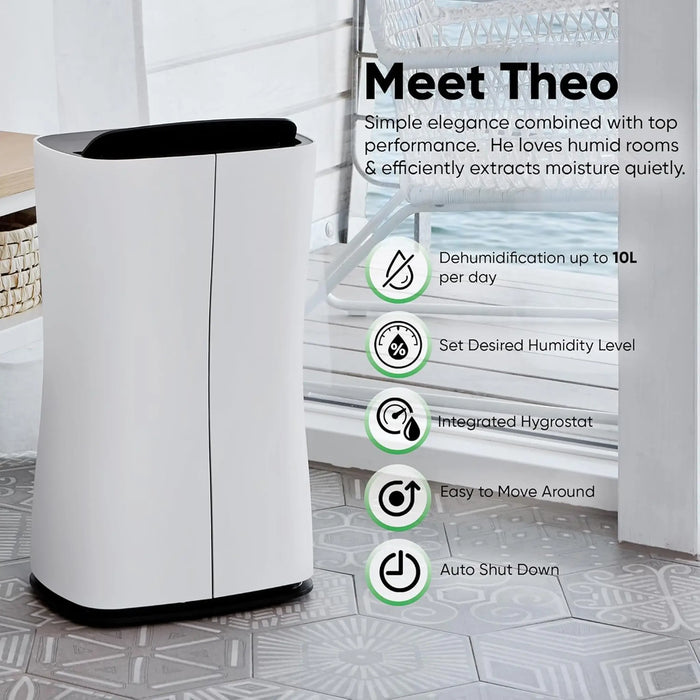 Stadler Form Theo Swiss Design Dehumidifier 10L per Day Silent Operation, for Home Office up to 40m² 2 Liter Water Tank, 1–7H Timer, Continuous Drainage 2-Year Warranty by Manufacturer + Local Support