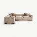 A modern L-shaped sectional sofa in light beige fabric with dark brown wooden accents on the base and legs, styled with four brown throw pillows, set against a plain white background.
