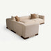 A modern modular sectional sofa upholstered in a light beige textured fabric, accented with three brown throw pillows and dark brown wooden base accents, shown on a clean off-white background.