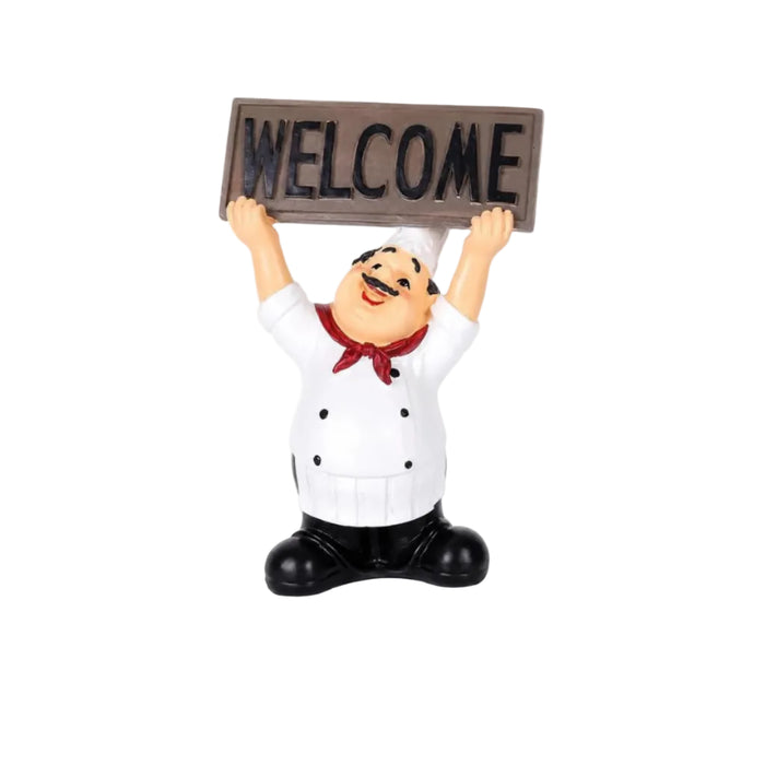 Resin Chef Welcome Sign Figurine, Decorative Restaurant Kitchen Statue with Welcome Board, Hand-Painted Sculpture