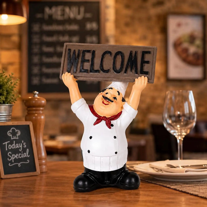 Resin Chef Welcome Sign Figurine, Decorative Restaurant Kitchen Statue with Welcome Board, Hand-Painted Sculpture