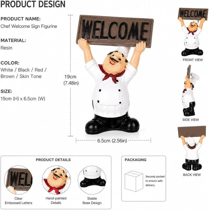 Resin Chef Welcome Sign Figurine, Decorative Restaurant Kitchen Statue with Welcome Board, Hand-Painted Sculpture