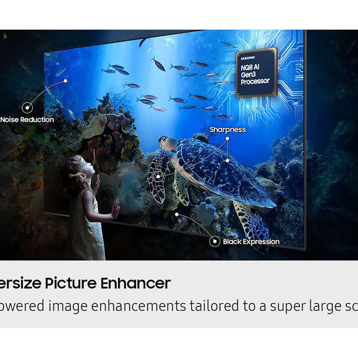 Samsung TV displaying an underwater scene with a turtle and coral, featuring the N38 AI Gen3 Processor.