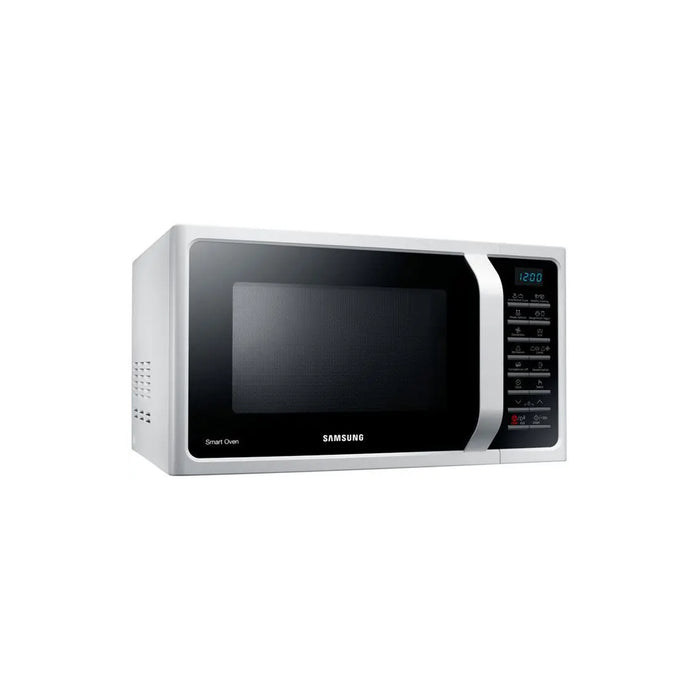 Side view of a microwave oven on a white background