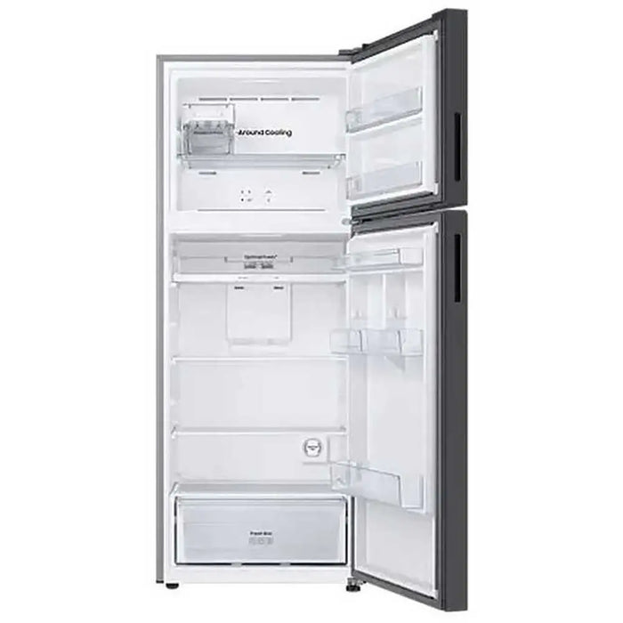 Open refrigerator with interior shelves on a white background