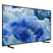 Samsung QLED TV displaying a blue and white abstract design on a white background