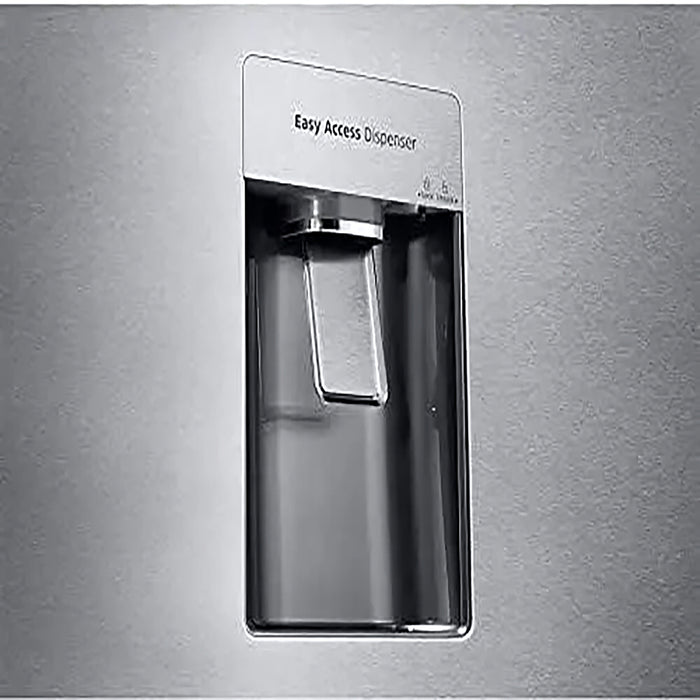 Stainless steel water dispenser on a refrigerator door with 'Easy Access Dispenser' label.