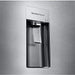 Stainless steel water dispenser on a refrigerator door with 'Easy Access Dispenser' label.