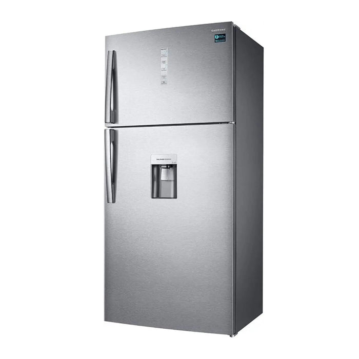 Stainless steel refrigerator with water and ice dispenser on a white background