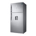 Stainless steel refrigerator with water and ice dispenser on a white background