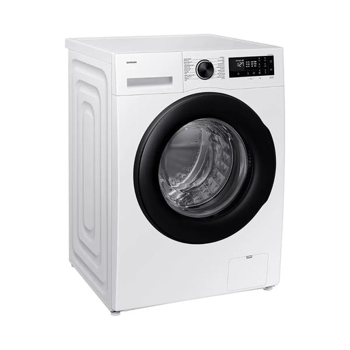 White washing machine with black door on a white background