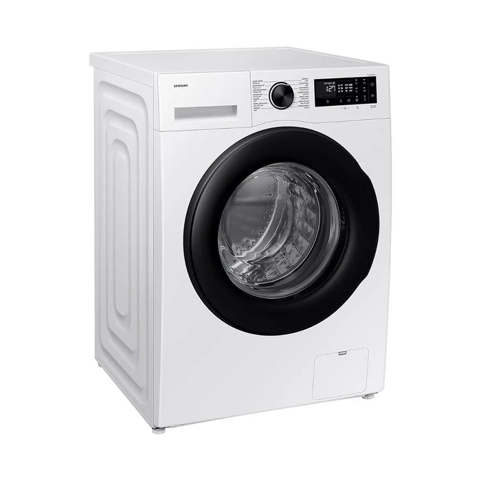 White washing machine with black door on a white background
