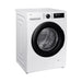 White washing machine with black door on a white background