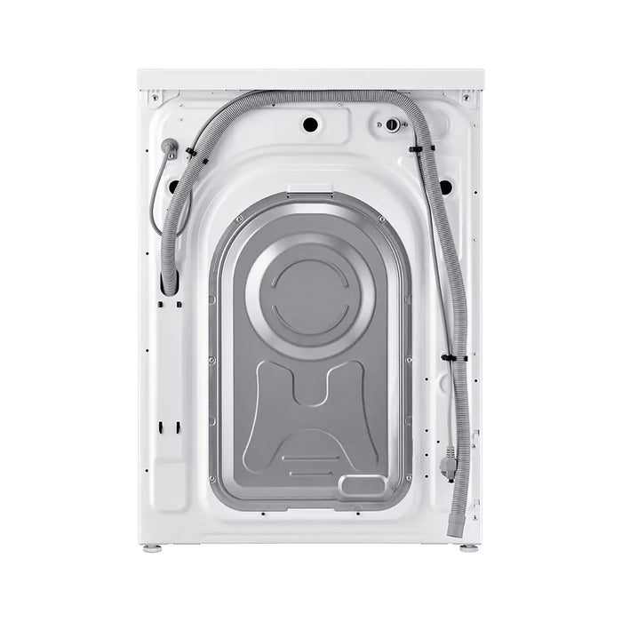 White washing machine with open door on a white background