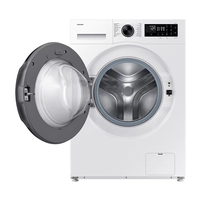 White washing machine with open door on a white background