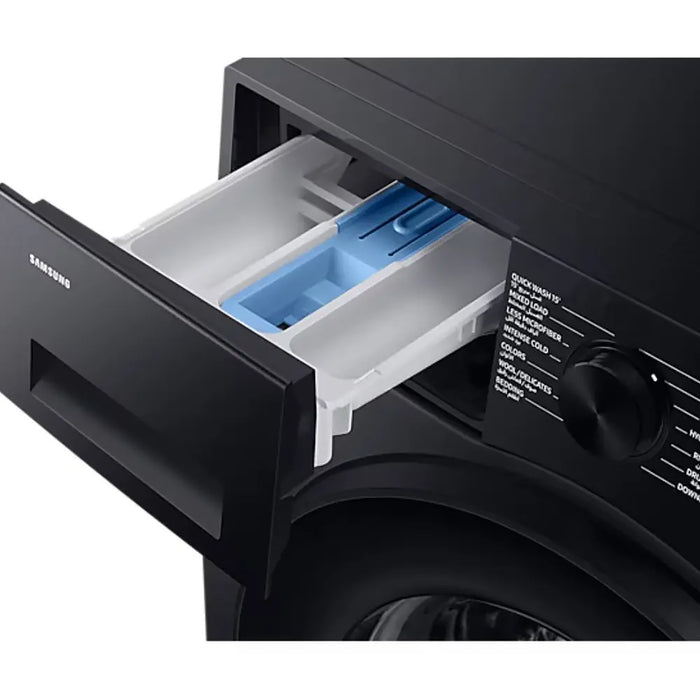 Samsung washing machine drawer with blue and white compartment on a white background