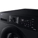 Black Samsung washing machine with digital display and control panel on a white background
