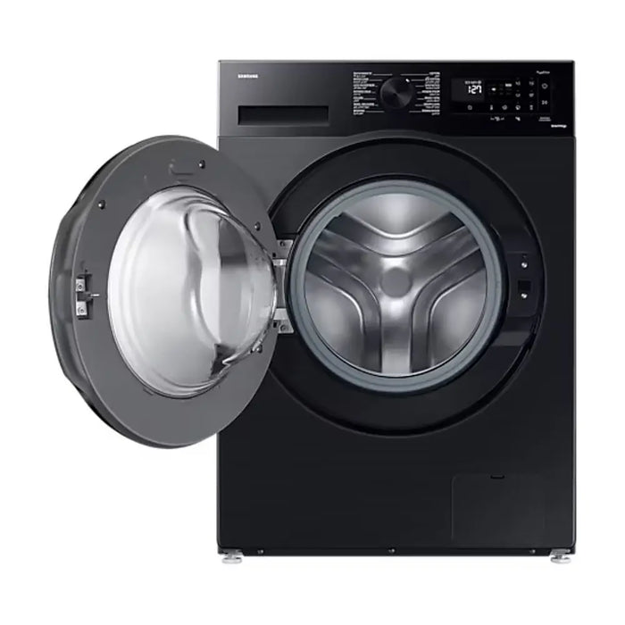 Black washing machine with open door on a white background