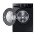 Black washing machine with open door on a white background