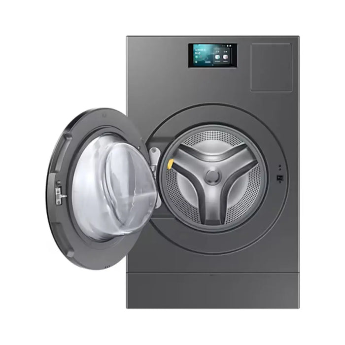 Gray front-loading washing machine with open door on a white background