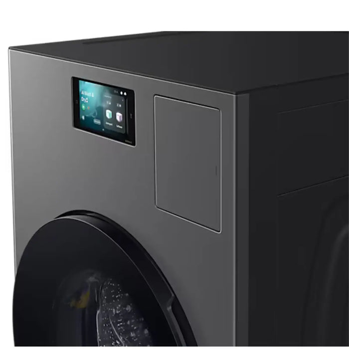 Black washing machine with digital display on a white background