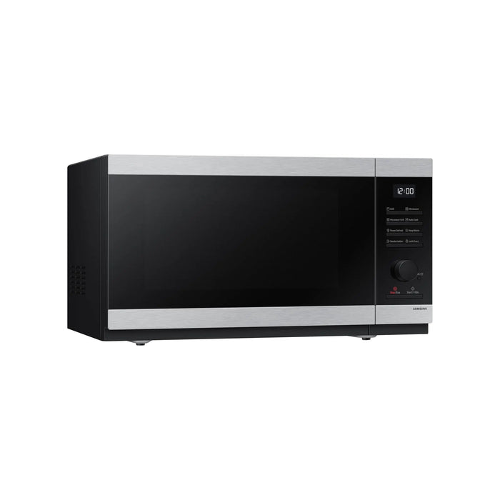 Black and silver microwave oven on a white background