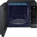 Black microwave oven with open door on a white background