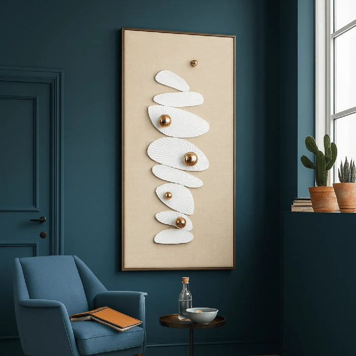 Arato Minimalist Modern Wall Art – Metal Frame, Fabric Background, Gold 3D Spheres