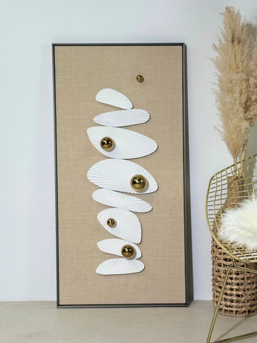 Arato Minimalist Modern Wall Art – Metal Frame, Fabric Background, Gold 3D Spheres