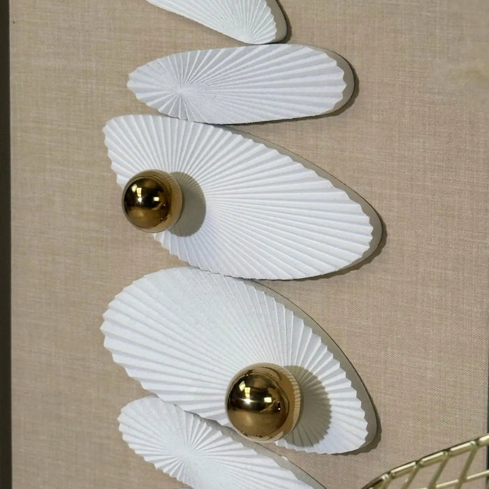 Arato Minimalist Modern Wall Art – Metal Frame, Fabric Background, Gold 3D Spheres