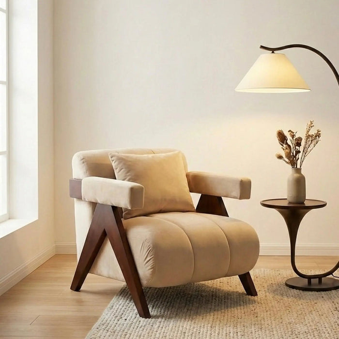 Auro Sculpted Accent Chair – Solid Wood & Soft Beige Upholstery