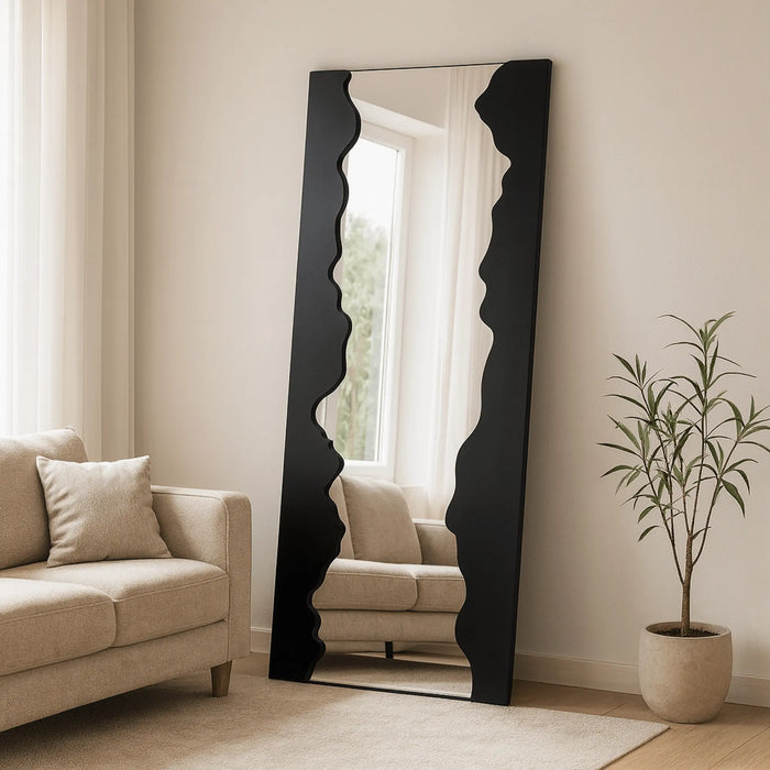 Black Wavy Full-Length Mirror – Solid Wood Frame (180x80 cm)