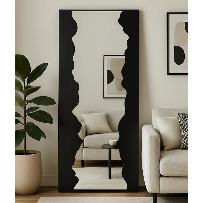 Black Wavy Full-Length Mirror – Solid Wood Frame (180x80 cm)