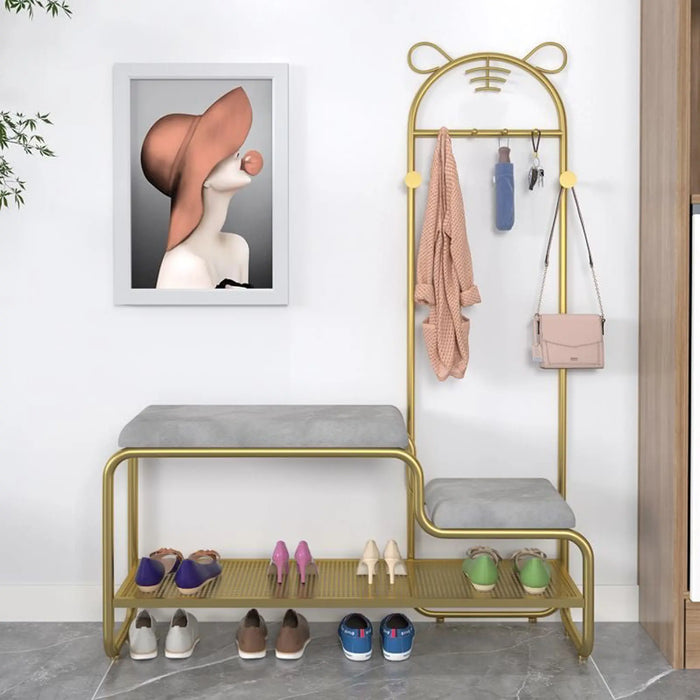 Cat Ear Design Entryway Bench with Hooks - Modern Style