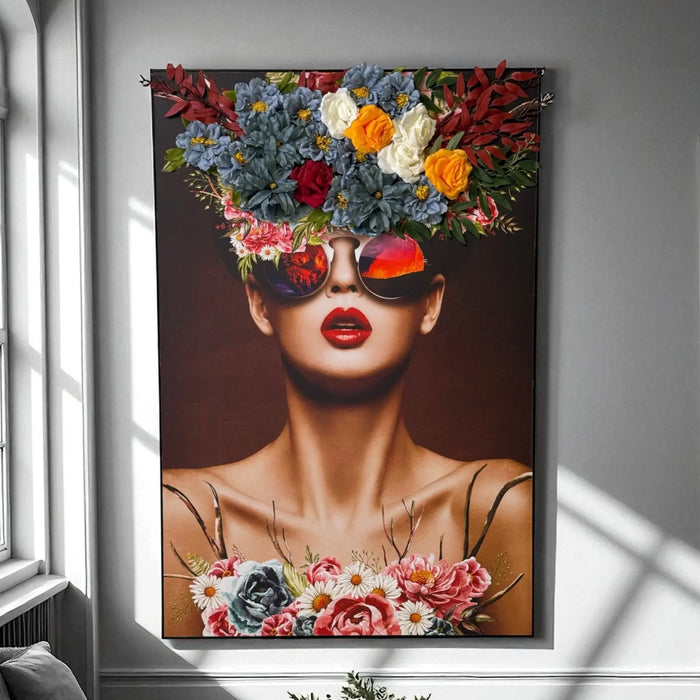 Floral Elegance Woman Wall Art with 3D Artificial Flowers