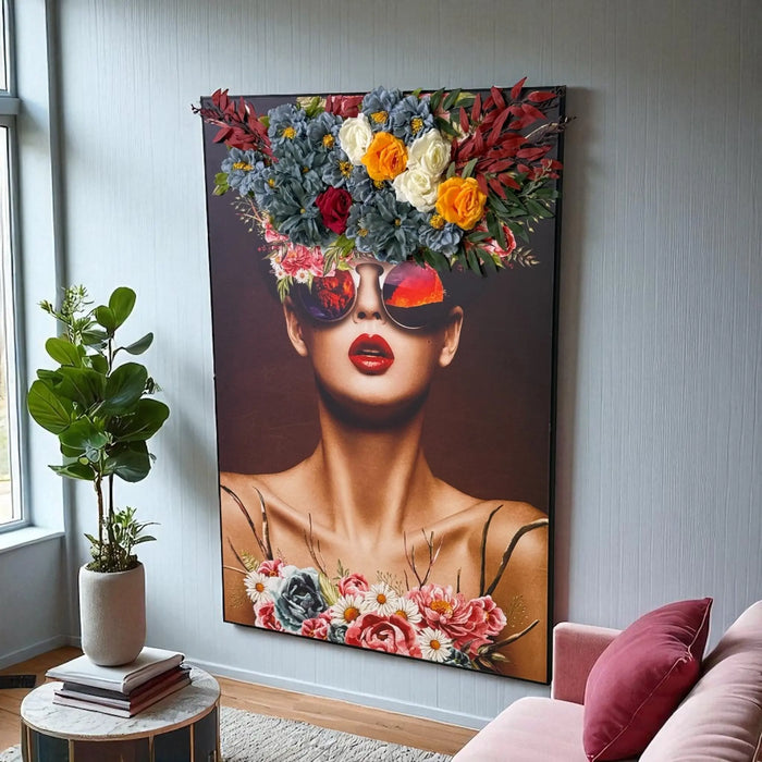 Floral Elegance Woman Wall Art with 3D Artificial Flowers