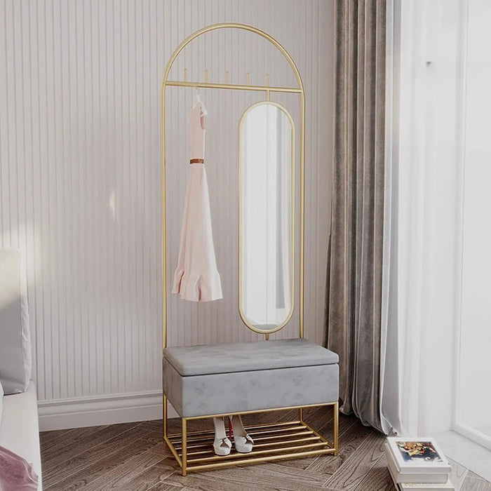 Luxury Gold Metal Hallway Organizer clothing rack with Velvet Storage Bench & Mirror