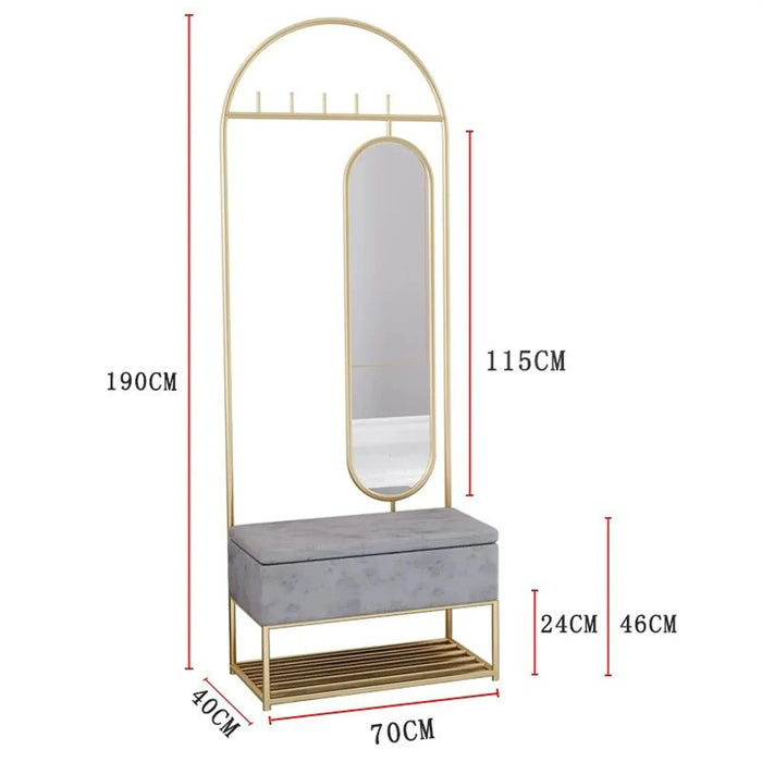 Luxury Gold Metal Hallway Organizer clothing rack with Velvet Storage Bench & Mirror