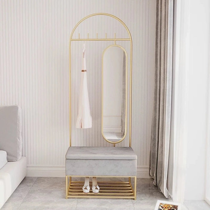 Luxury Gold Metal Hallway Organizer clothing rack with Velvet Storage Bench & Mirror