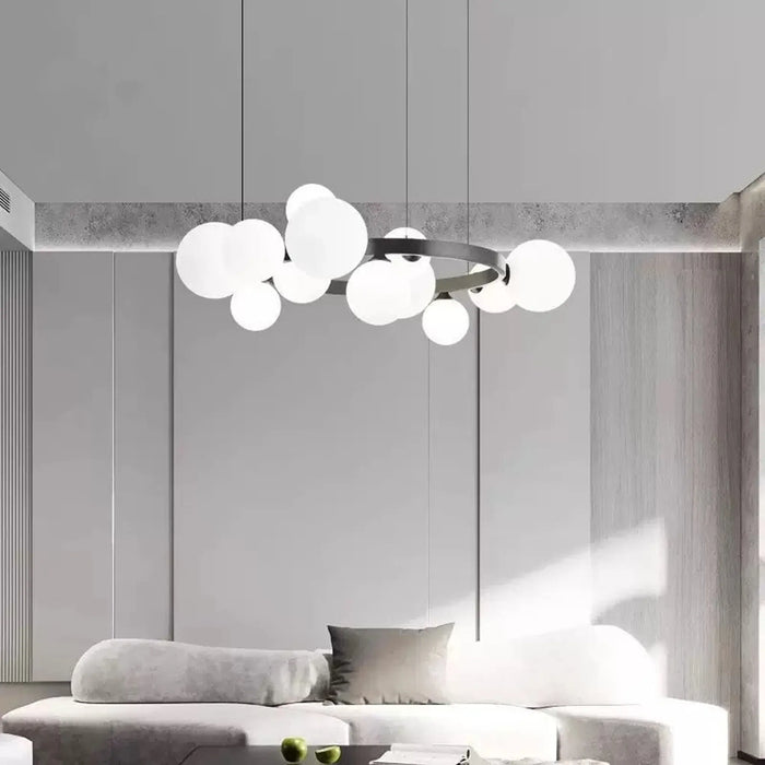 Modern Orbit Globe Chandelier – Black Ring Frame with Frosted Glass Balls
