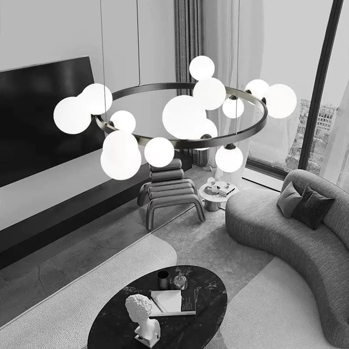 Modern Orbit Globe Chandelier – Black Ring Frame with Frosted Glass Balls
