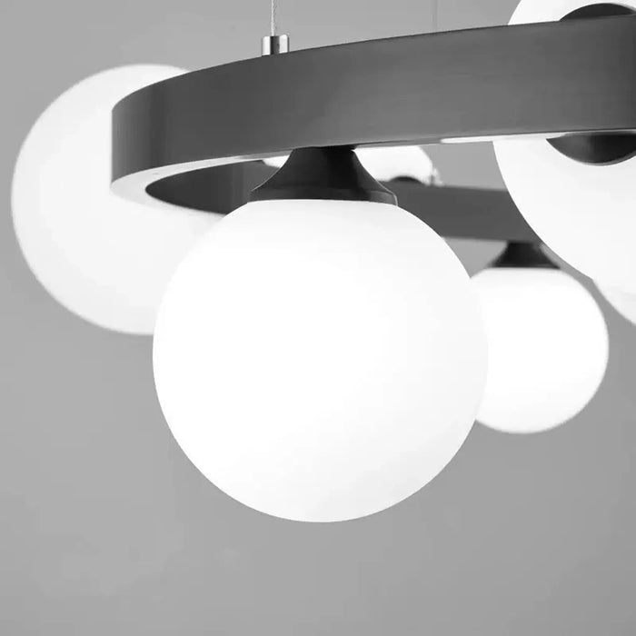 Modern Orbit Globe Chandelier – Black Ring Frame with Frosted Glass Balls