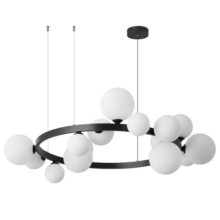 Modern Orbit Globe Chandelier – Black Ring Frame with Frosted Glass Balls