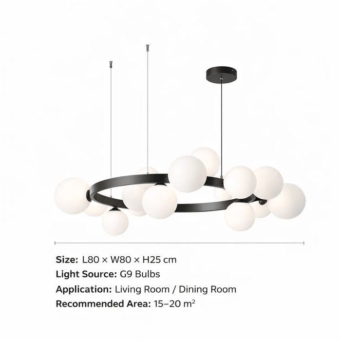 Modern Orbit Globe Chandelier – Black Ring Frame with Frosted Glass Balls